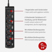 NY Home 6 Anahtarlı 6 Soketli Güç Şeridi Priz 2 Metre Siyah
