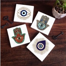 NY Home Nazar, Fatma Ana Eli  Taş Bardak Altlığı Seti - 4 Parça - Dekoratif, Rustik Mutfak Aksesuarı, 10X10 Cm, Kaydırmaz Tabanlı, Şık ve Dayanıklı SC403