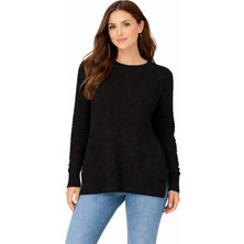 Justas Kadın Siyah Triko Kazak Uzun Kollu Bisiklet Yaka Rahat Kalıp Günlük Kullanım Şık Örme Kazak