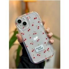 NY Home 14 Plus - 15 Plus ile Uyumlu 3D Dalgalı Cherry Şeffaf Baskı Desenli Silikon Kılıf