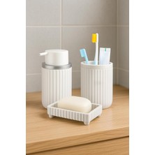 NY Home Serisi Beyaz Banyo Seti, 3 Parça Oval Akrilik Sabunluk Fırçalık ve Sıvı Sabunluk Takımı - 3319