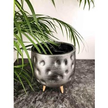 NY Home Bitki Tasarımı Ev Dekorasyon Aksesuar Gümüş Desenli Toprak Saksı Saksılık Salon Çiçeklik 3 Ayaklı - 19 cm