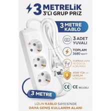 NY Home 3lü Topraklı Kablolu Çoklayıcı 3mt Priz, Beyaz, 3'lü Topraklı Uzatma Prizi, 3 Metre Kablolu, Beyaz – Çoklu Grup Priz, Güvenli Elektrik Dağıtımı"
