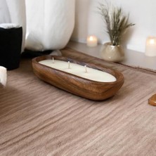 NY Home Dekoratif Ahşap Kayık Tabakta Kokulu Soya Mum – 3 Fitilli, Doğal ve Şık Tasarım