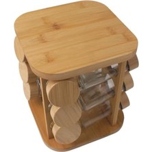 NY Home Bambu Döner Standlı Baharat Seti 13 Parça, Mutfak Tezğahına Uygun Bambu Yer Kaplamayan Cam Şişe Dönerli Bambu Baharatlık (Kare)