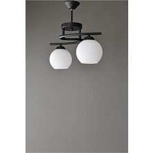 NY Home Fer Avize Modern Dekoratif Siyah Renk Beyaz Camlı Salon - Mutfak - Yatak Odası 2 Li Avize