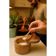 NY Home Kapaklı Kaşıklı Ahşap Baharatlık Doğal Ahşap Baharat Kabı Kaşık ve Kapaklı Tasarım Mutfak Tezgahı Için Şık Pratik Tuz Şeker Saklama Kutusu Baharat Organizer
