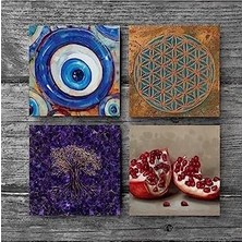 NY Home Nazar, Yaşam Çiçeği, Hayat Ağacı, Nar Taş Bardak Altlığı Seti - 4 Parça - Dekoratif, Rustik Mutfak Aksesuarı, 10X10 Cm, Kaydırmaz Tabanlı, Şık ve Dayanıklı SC465
