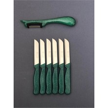 ERHCE 6'lı Tırtıklı Simli Zümrüt Yeşili Meyve Sebze Bıçağı ve Yan Soyacak