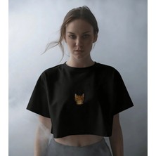 Muhtar Store Minimal Bengal Kedi Baskılı Siyah Crop Tişört Kadın Oversize Rahat Kalıp