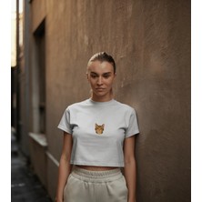 Muhtar Store Minimal Bengal Kedi Baskılı Siyah Crop Tişört Kadın Oversize Rahat Kalıp