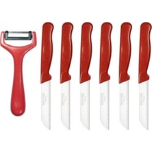 ERHCE Kırmızı Simli 6 Alman Paslanmaz Çelik Bıçak ve Simli Kırmızı Sapan Soyacak 7'li