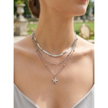 Museum Of You Kadın Gümüş Renk 3'lü Kombin Kolye - Taşlı Deniz Yıldızı Figürlü Italyan Zincir ve Ataş Zincir Seti