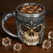 Elifeshop 3D Kurukafa Viking Tasarımlı Kupa Paslanmaz Çelik Iç Hazneli Kulplu Bardak 400 ml