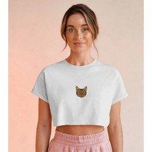 Muhtar Store Minimal Tekir Kedi Baskılı Beyaz Crop Tişört Kadın Rahat Kalıp