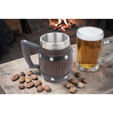 Elifeshop Paslanmaz Çelik Iç Hazneli Viking Bira Kupası Ahşap Görünümlü Kulplu Fıçı Tasarım 600 ml