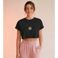 Muhtar Store Minimal British Longhair Kedi Baskılı Beyaz Crop Tişört Kadın Rahat Kalıp