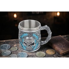 Elifeshop 3D Gotik Kurukafa Iskelet Kupa Paslanmaz Çelik Iç Hazneli Kulplu Dekoratif Bardak 400 ml