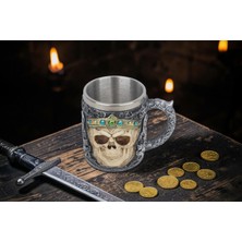 Elifeshop 3D Gotik Kurukafa Kral Tasarımlı Kupa Paslanmaz Çelik Iç Hazneli Kulplu Dekoratif Bardak 400 ml