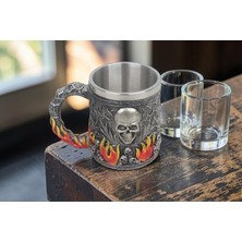 Elifeshop 3D Alevli Kurukafa Tasarımlı Kupa Paslanmaz Çelik Iç Hazneli Kulplu Dekoratif Bardak 400 ml