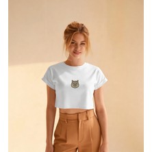Muhtar Store Minimal British Longhair Kedi Baskılı Beyaz Crop Tişört Kadın Rahat Kalıp
