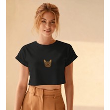 Muhtar Store Minimal Tekir Kedi Baskılı Beyaz Crop Tişört Kadın Rahat Kalıp