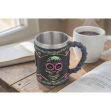 Elifeshop 3D Renkli Kurukafa Tasarımlı Kupa Paslanmaz Çelik Iç Hazneli Kulplu Dekoratif Bardak 400 ml