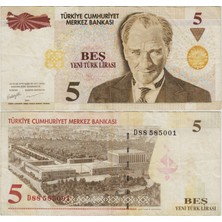 Banknoting 8. Emisyon 5 Ytl D88 Yeni Türk Lirası. Çok Temiz.