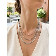 Museum Of You Kadın Gümüş Renk Üçlü Kombin Kolye Seti - Italyan Ezme, Küp ve Boncuk Zincir