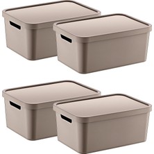 Savlar Store 4'lü Set Stafi Çok Amaçlı Kapaklı Kutu Terra 4,5 Lt - Bej, Çok Amaçlı Kapaklı Kutu, Ev-Ofis-Depo Için, Kapaklı Saklama Kutusu