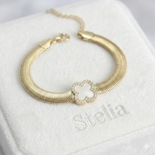Stelia 316L Çelik Gold Renk Beyaz Yonca Model Zirkon Taşlı Yılan Zincirli Kadın Bileklik