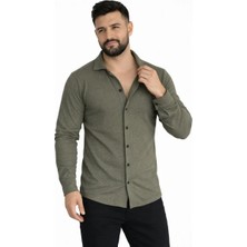 Mzp Kartan Erkek Waffle Kumaş Uzun Kollu Düğmeli Açık Yaka Regular Fit Gömlek - Haki