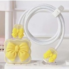 Savlar Store Psr Aksesuar (3566) Şarj Aleti Kılıfı & Kablo Koruyucu Set – 18W/20W Uyumlu | Kurdele Figürlü Adaptör Kılıfı, Kablo Düzenleyici, Şarj Ucu Koruyucu Set (Sarı)