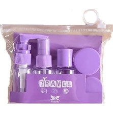 Savlar Store Promosyonca 7 Parça Seyahat Seti, Mor, Sprey ve Pompalı Şişeler, Krem Kapları, Mini Huni, Şeffaf Taşıma Çantalı, Uçak Bagajı Uyumlu, Boş Şişe (Mor)
