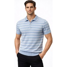 Mzp Kartan Erkek Triko Polo Yaka Fermuarlı Çizgili Tişört T-Shirt Yazlık Şık - Bebek Mavisi
