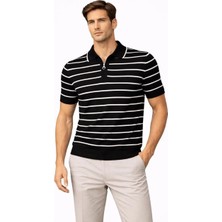 Mzp Kartan Erkek Triko Polo Yaka Fermuarlı Çizgili Tişört T-Shirt Yazlık Şık - Siyah
