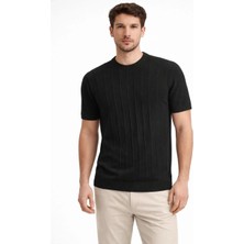 Mzp Kartan Erkek Yazlık Fitilli Triko Tişört Kısa Kol Bisiklet Yaka T-Shirt - Siyah