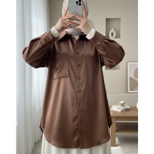 Modamorfo Tek Cepli Oval Kesim Deri Gömlek  -Kahve