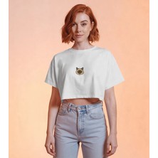 Muhtar Store Minimal Siyam Kedi Baskılı Beyaz Crop Tişört Kadın Rahat Kalıp