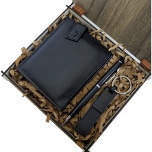 MiraLive Ahşap Deri Kutulu Siyah Renk 3'lü Hediye Seti - Kalem, Cüzdan, Anahtar