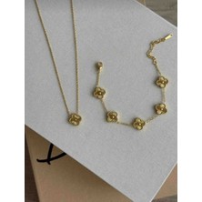 Güneş Takı 316L Gold Tek Yonca Model Kolye-Küpe Seti