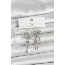 Senson Pirinç Gümüş Renk Zirkon Taşlı Gece Temalı 3'lü Kadın Küpe - Lisinya