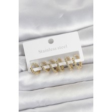 Senson 316L Çelik Gold Renk Zirkon Taşlı Halka Model Kadın Küpe Seti - Lisinya