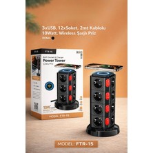 Azurtech Ftr-15 Power Tower Çoklu Priz 12 Soket 3 USB 10W Kablosuz Şarjlı 2m Kablolu Akım Korumalı Priz