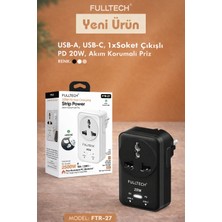 Azurtech Ftr-27 Usb-A Usb-C Pd 20W Hızlı Şarjlı Akım Korumalı Priz Tek Soketli Duvar Tipi Adaptör
