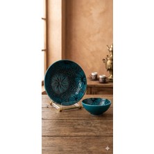 Anka Select El Yapımı Iznik Çini Kase Seti – 2’li, Koyu Turkuaz, Geleneksel Desenli