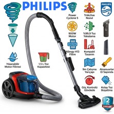 Philips Powerpro Compact Torbasız Elektrikli Süpürge | 900W Güçlü Motor, Powercyclone 5 Teknolojisi, Triactive Başlık, %99.9 Toz Toplama, Allergy H13 Filtre, Entegre Fırçalı Kompakt Tasarım