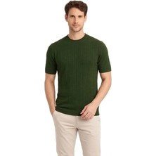 Antakya Yöresi Erkek Yazlık Fitilli Triko Tişört Kısa Kol Bisiklet Yaka T-Shirt - Haki