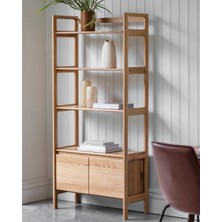 Doğal Meşe Renkli 4 Katlı Kitaplık | Alt Dolaplı El Yapımı Raf Ünitesi | Minimal Kitaplık 170 cm