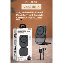 Azurtech FC63 15W Magsafe Araç Içi Kablosuz Şarj Cihazı Katlanabilir Stand Type-C Hızlı Şarjlı Telefon Tutucu